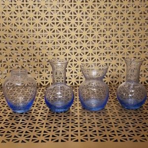 4 MINI BLUE GLASS VASES